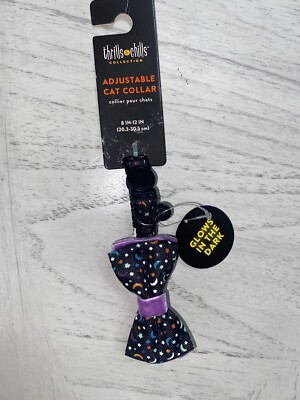 Thrills & Chills Adjustable Cat Collar, Glow In The Dark Purple Bow