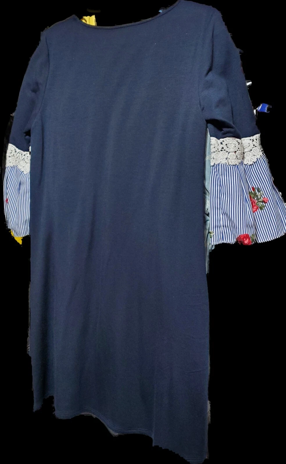 Abito a tubino ALYX blu navy a righe ricamo pizzo manica a campana tasca ~ M M3020