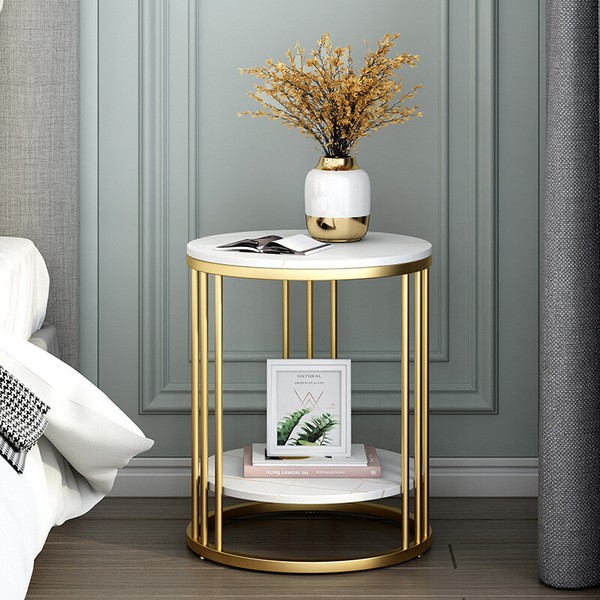 Weiß Rund Couchtisch Beistelltisch Marmor Kaffeetisch Mit Goldenem Eisengestell-image