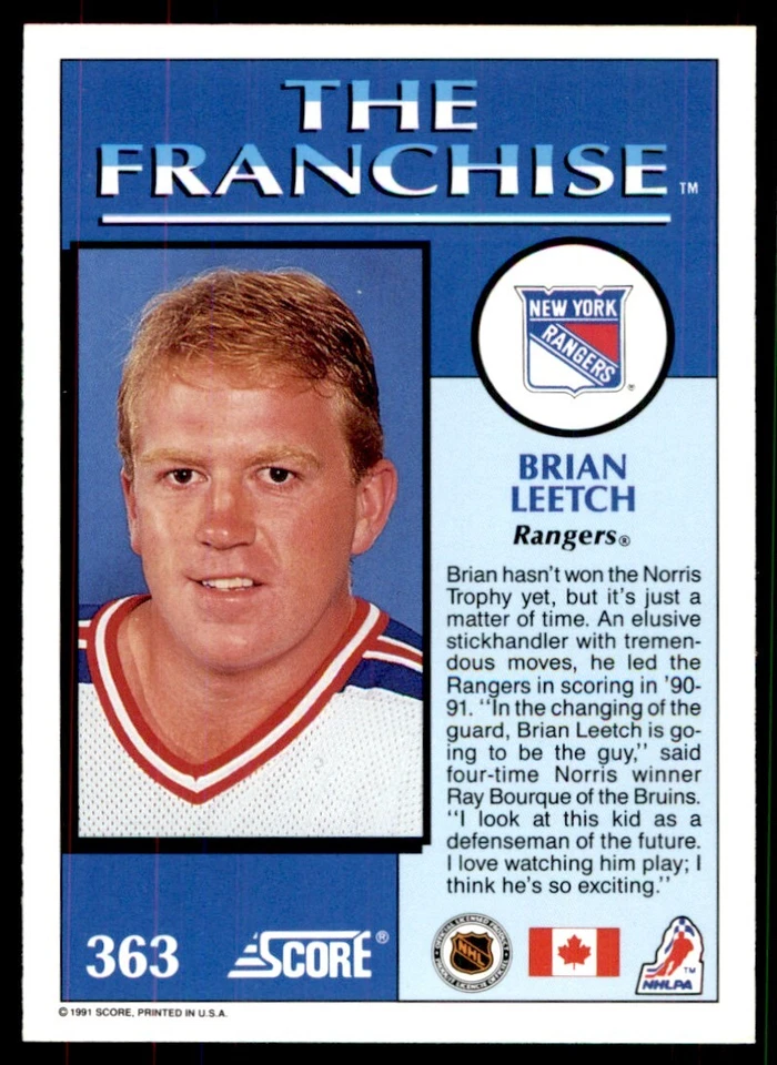 1991-92 Score Canadian Brian Leetch New York Rangers #363 - Image 2 of 2