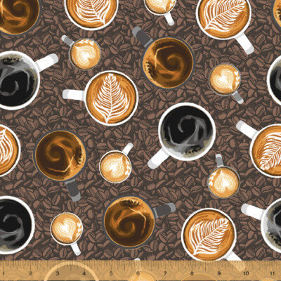 Food Fabric | Coffee Shop Latte Art & Mug on Beans | Windham YARD