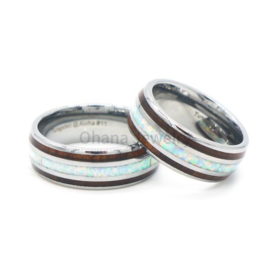 8mm Men's Tungsten White Opal DoubleHawaiian Koa Wood  Wedding Band Ring Comfort