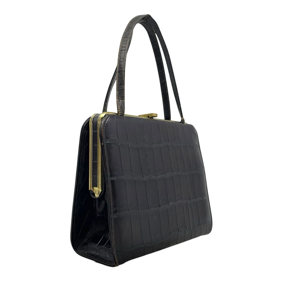 Bolso de mano vintage años 50 60 cocodrilo cuero en relieve reptil estructurado Foto 2 de 4