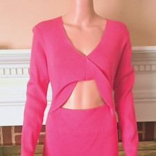 Ribbed Cutout Bodycon Midi Dress XL Fuchsia V Neck Long Sleeved Fitted Stretch