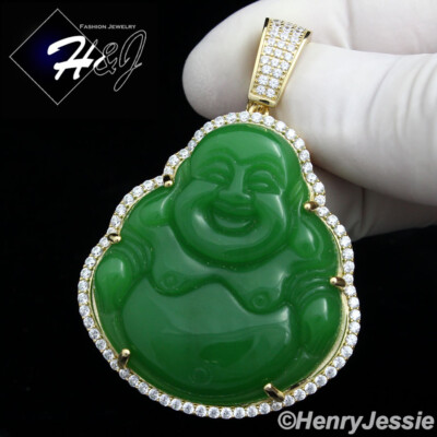 MEN 925 STERLING SILVER ICY BLING 3D JADE GOLD PLATED BUDDHA CHARM PENDANT*GP148
