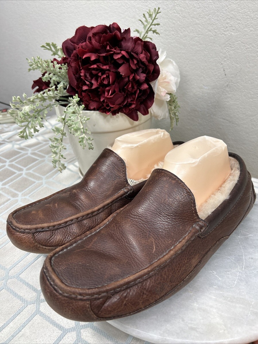 UGG Ascot 5379 Mens Brown Leather Fur Lined Slippers Shoes Size 11 UGG Ascot Leather Slipper Mens 12 Brown Shearling Lined  main image 4