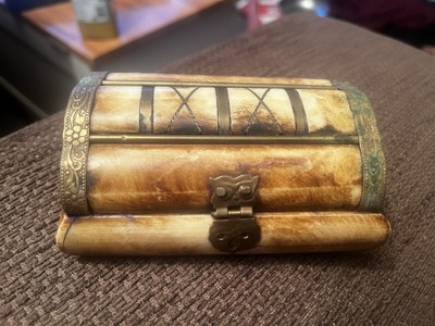 Kleine Vintage Kamelknochen & Messing Schmuckschatulle Samtfutter