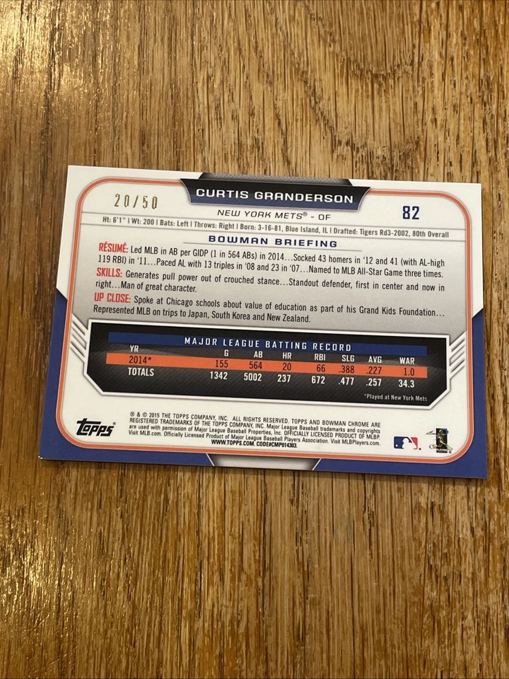 2015 Bowman Chrome Gold Refractor /50 Curtis Granderson #82 SSP RARE Mets - Image 3 of 4