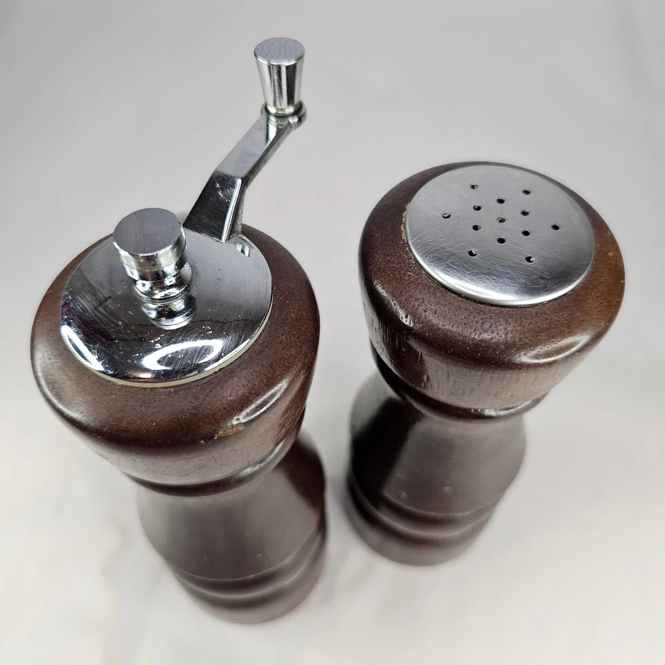 Vintage Wood Pepper Mill and Salt Shaker Set Manual Crank Stainless Steel - Image 2 of 4