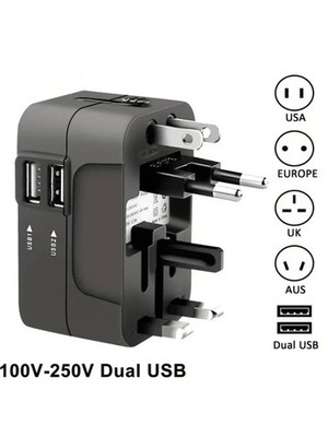Black Universal Travel Adapter 100V-250V Dual USB For USA EU UK AUS