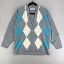 VTG Pendleton Cardigan Sweater Womens LP Grey Argyle Preppy Y2K Wool made in USA