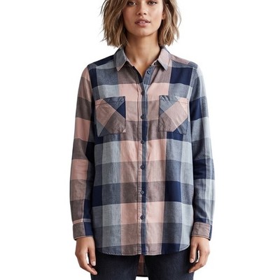 H&M Divided Pink Navy Plaid Button Down Shirt 10 Cotton Oversized Grunge Tunic