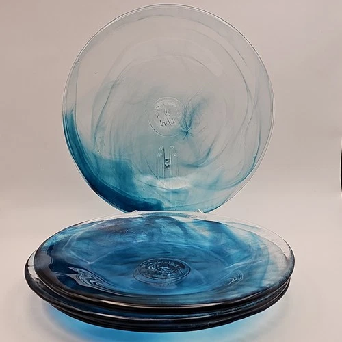 Set of 4 Kosta Boda Ulrica Hydman Vallien Mine Blue Swirl Art Glass Plates 7.5"