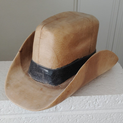 Men's Tan Leather Cowboy Hat w/ Black Band Western Solid Wood Size 14 in