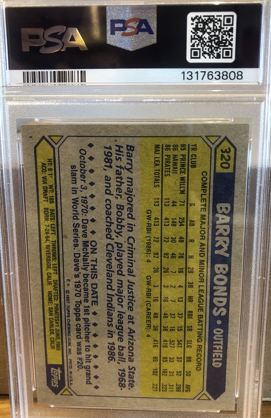 1987 Topps Barry Bonds Rookie Card #320 PSA 8 NM-MT view 1
