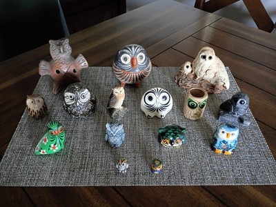 Owls Mixed Pre-Columbian  Mexican Vtg Style Pottery  Collection Hand Painted