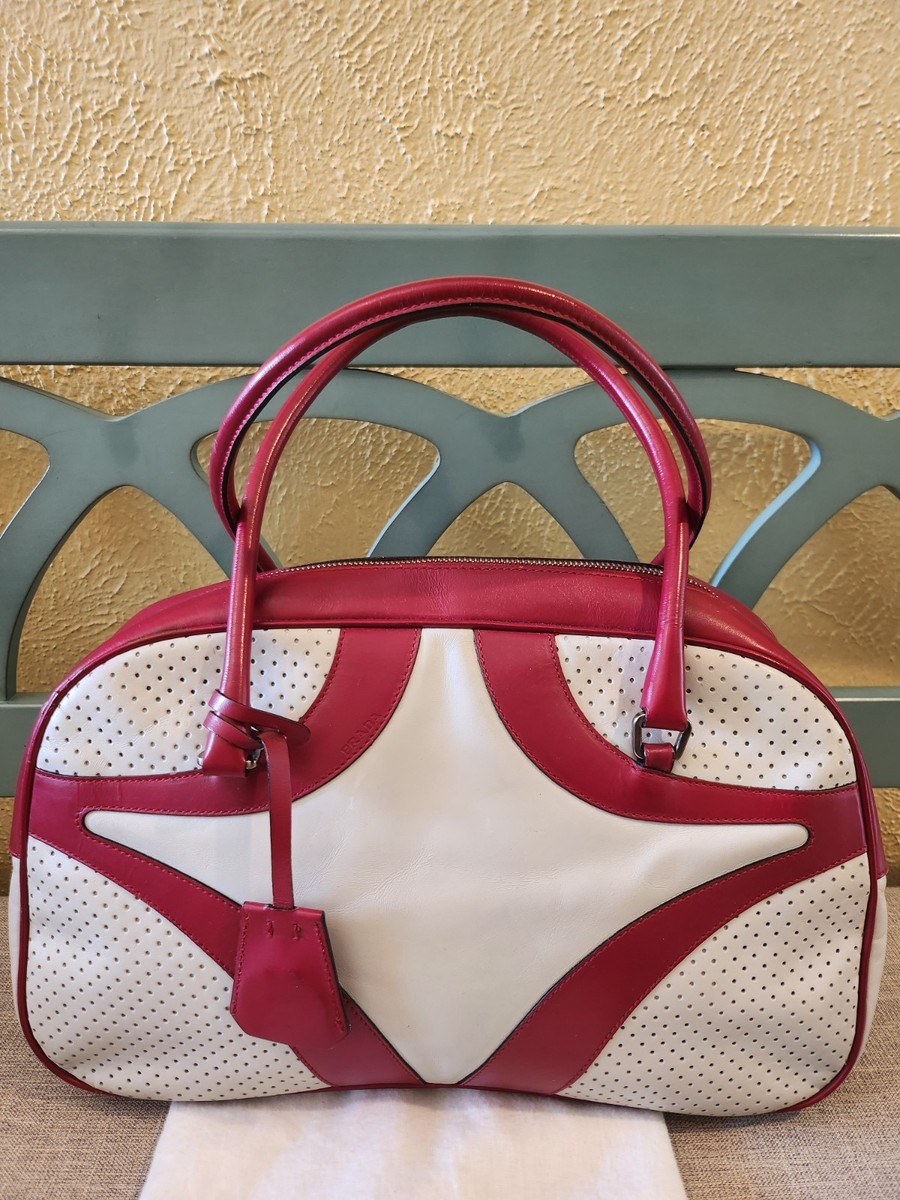 Vintage Y2K PRADA Bowling Bag Red White Two Tone Leather Rare