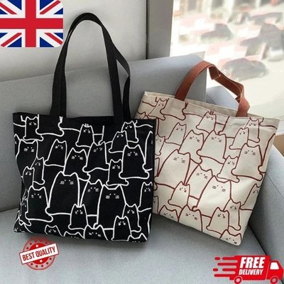 Niedliche Canvas-Katze Beuteltasche Damen Schulter Shopper Reißverschluss Cartoon japanischer Stil Ha