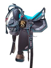 Western Barrel Racing Tack Horse Saddle Black-Turquoise Leather Blue Embroidery