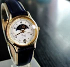 VINTAGE TIMEX DATE ELEGANT MOON PHASE QUARTZ WOMEN'S GOLDEN BLUE LEATHER WATCH