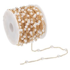 33 Feet Faux Pearl Beading Chain 4mm Brass Chain Link Style 2 Golden