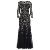 Adrianna Papell Size 4 Beaded Illusion Midnight Blue Long Sleeve Formal Gown