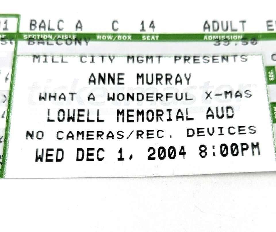 2004 Anne Murray Ticket Lowell Memorial Auditorium, Lowell, MA Dec 1 X-Mas #1A - Image 3 of 4