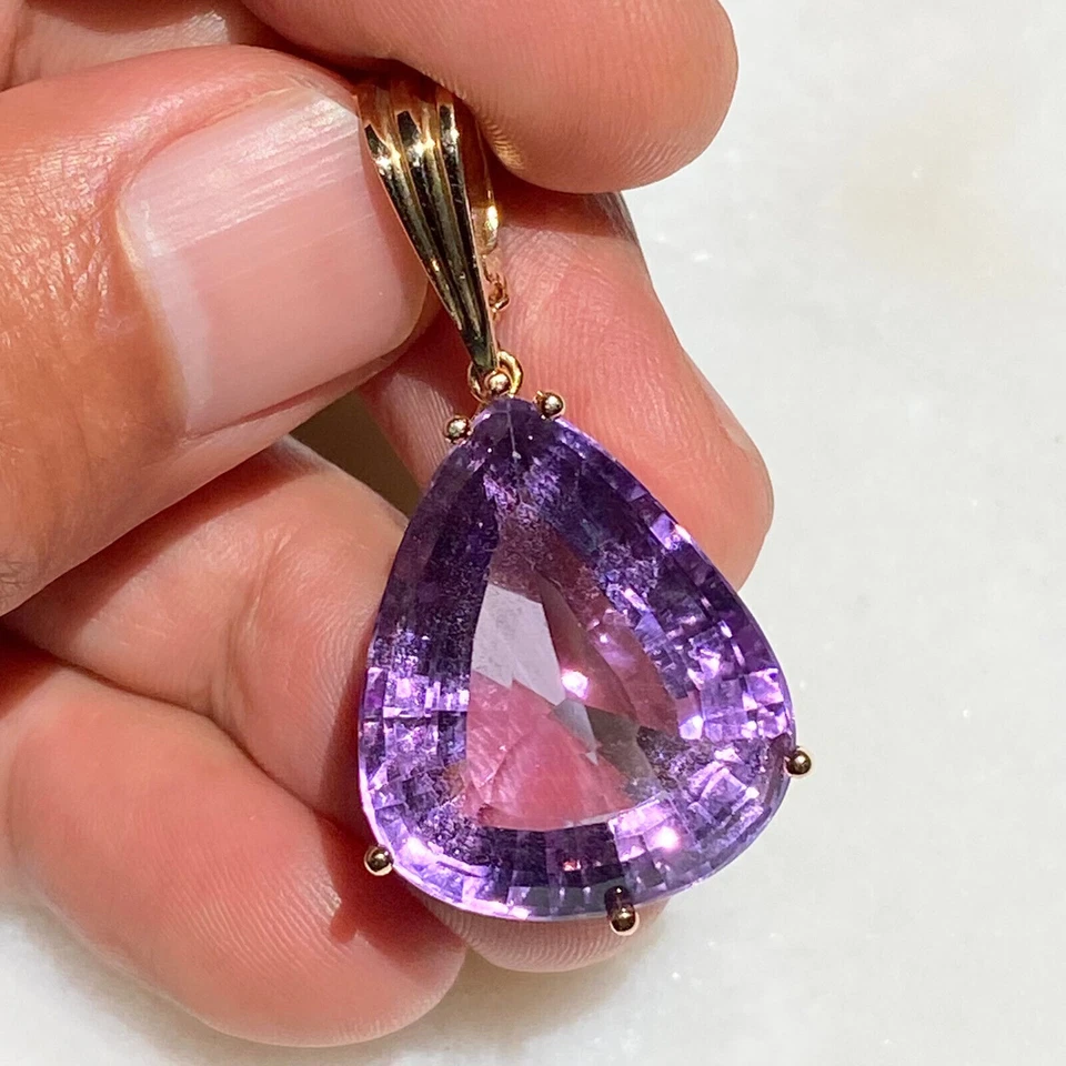 LG SOLID 14K YELLOW GOLD HUGE DEEP PURPLE AMETHYST TEARDROP NECKLACE PENDANT - Image 4 of 4