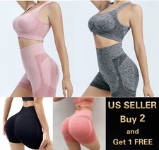 Women's Fitness Butt Lift Bike Shorts  Padded Bra SET Soft Stretch Workout Yoga