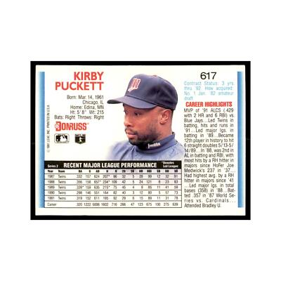 1992 Donruss Kirby Puckett Baseball Cards #617 | eBay
