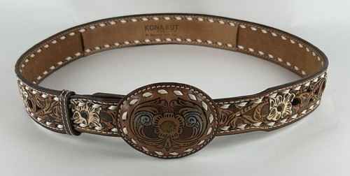 Nocona Brown Floral Tooled Leather Belt Sz 40 Cowhide Torel Buckle Western Lace