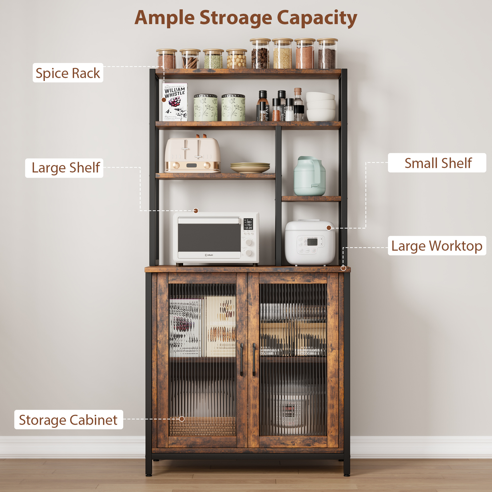 5-Tier Bakers Rack Microwave Stand with Cabinet Kitchen Utility Storage Shelves