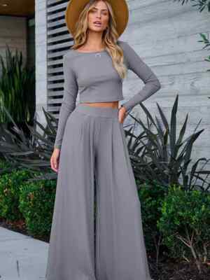 Loungewear Matching Set Knit Long Sleeve Crop Top Pajamas Ribbed Wide Leg Pants