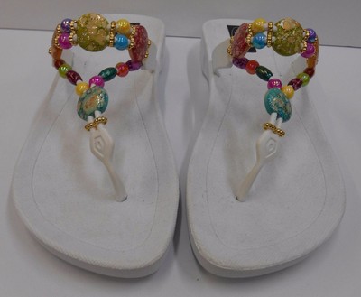 GRANDCO SANDALS DRESSY Marble WHITE THONGS MULTI COLOR FROSTED Beaded Jeweled