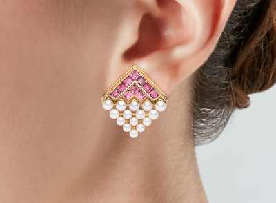 BULGARI EARRINGS RARE  Authentic with Red Tourmalines & Pearls 18k