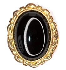 Vintage Black Jet Mourning Glass Scarf Clip Gold Tone Oval Cabochon