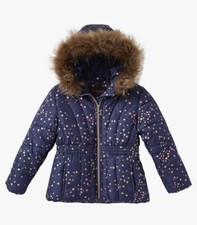 Rothschild Girls Navy Foil Print Heart Puffer Hood Zip Pockets Jacket Size 5/6