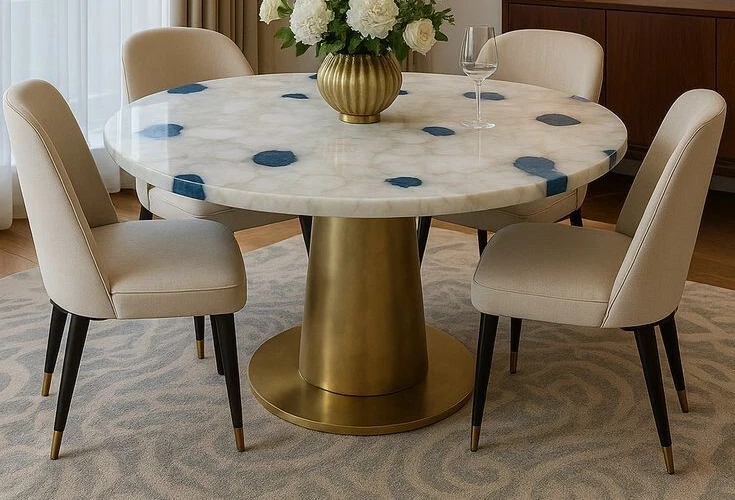 30" Round white blue Agate Stone Dining Tabletop | Crystal Slice Top | Tabletop - Image 3 of 4