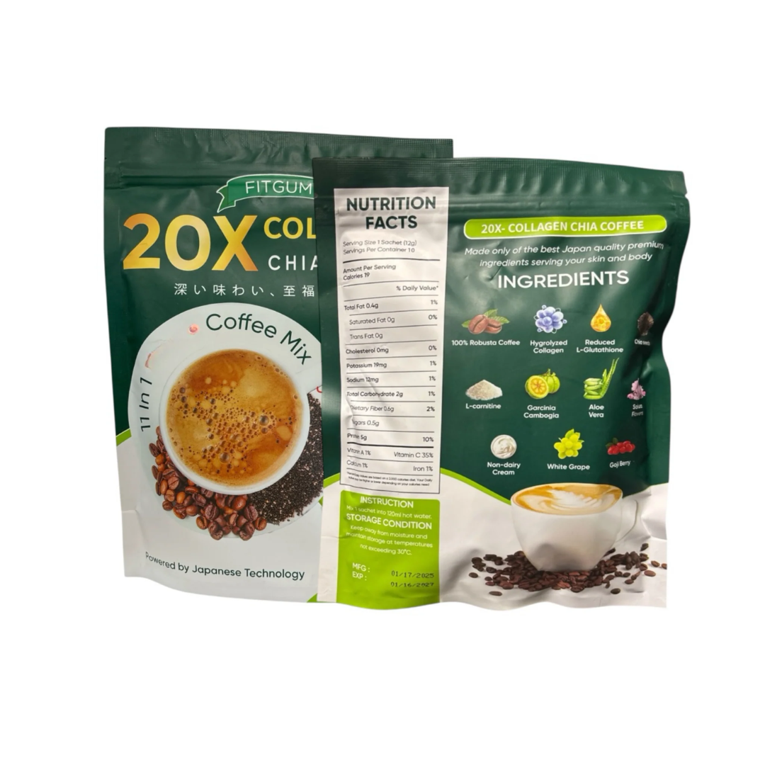 3 PACKS FITGUM Collagen Chia Coffee - 11 in 1 Shape Coffee Mix-New