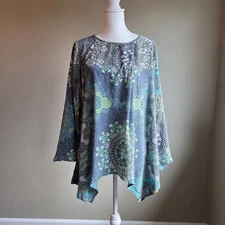Citron Santa Monica 100% Silk Blouse Womens  XL Pullover Flowy Boho Lagenlook 