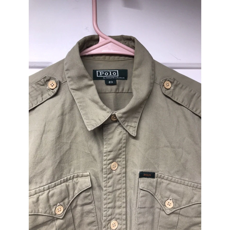 复古 Polo Ralph Lauren 绿色标签 20 码青少年卡其色实用军用衬衫 — 第 4/4 张图片