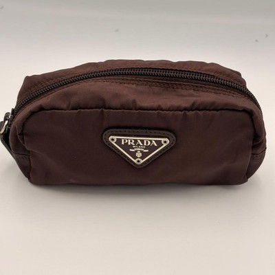 Auth PRADA Tessuto Nylon Cosmetic Pouch Brown Triangle Logo Plate Vintage