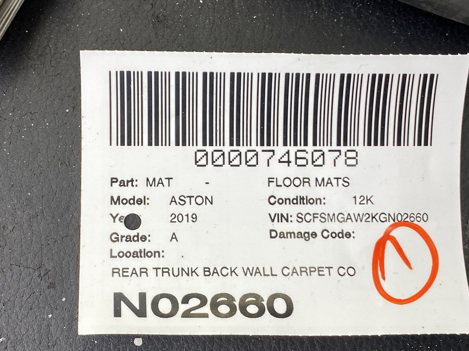 2019-2023 ASTON MARTIN VANTAGE OEM REAR TRUNK BACK WALL CARPET COVER PANEL