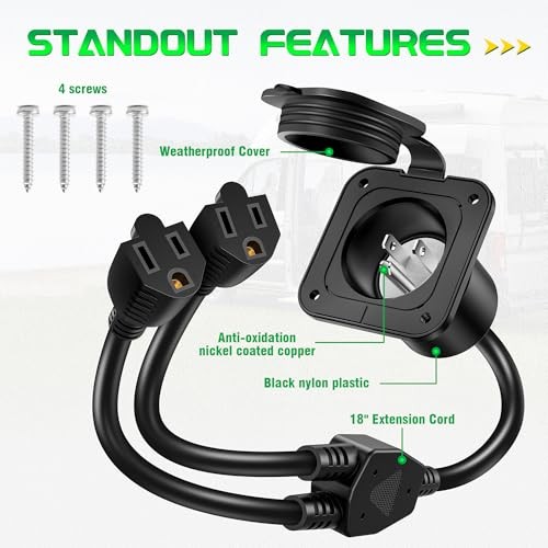 15 Amp AC Port Plug, 125V Shore 15A Flanged Inlet with Dual Extension Cord