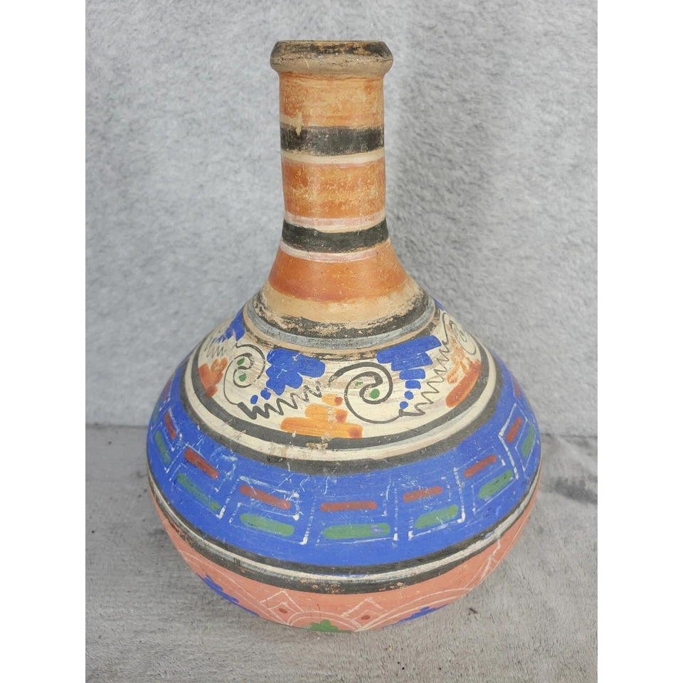 Jarrón de cerámica vintage pintado a mano coloridos patrones geométricos Foto 2 de 4