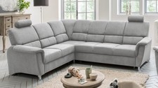Ecksofa Wohnlandschaft Pisa R Stoff hellgrau mit Schlaffunktion und Kopfstützen