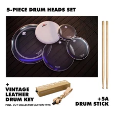 Beatello 5-Drumhead Set Dual-Layer Oiled Leather Sandblasted W/Key+5A Drumsticks