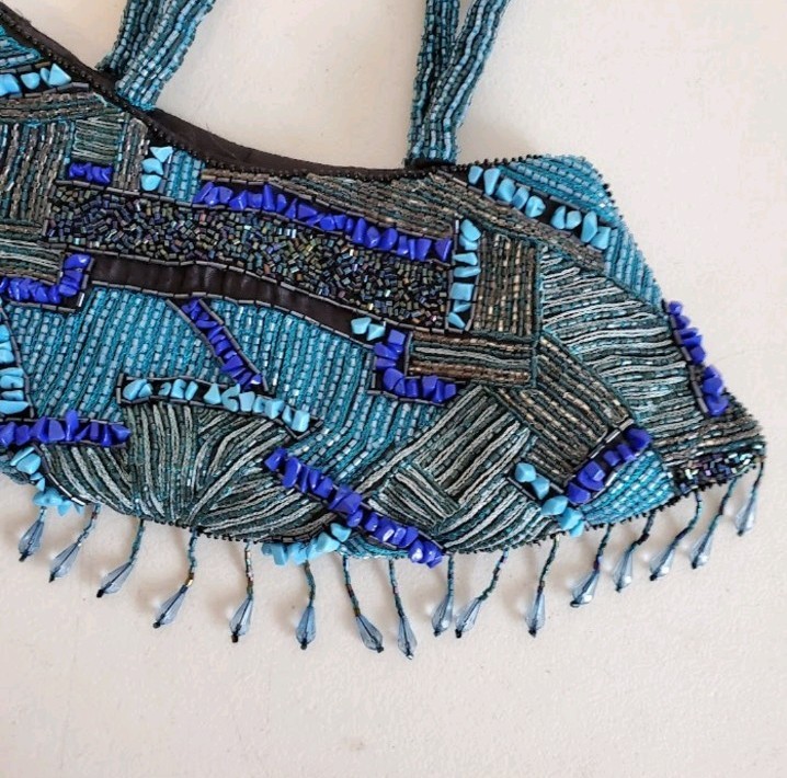 Vtg Blue Turquoise Beaded Patchwork Festival Frin… - image 3