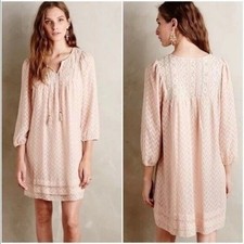 Anthro One September Anwen Pink Peasant Dress M Tassel Chevron Pattern Lace Boho