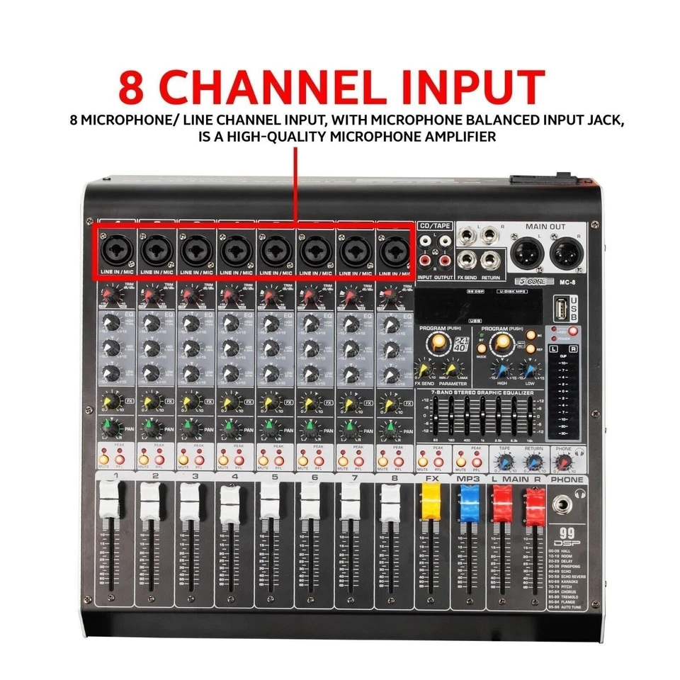 5Core Audio Mixer 8 Channel DJ Soundboard USB Interface Bluetooth XLR Console - Image 3 of 4